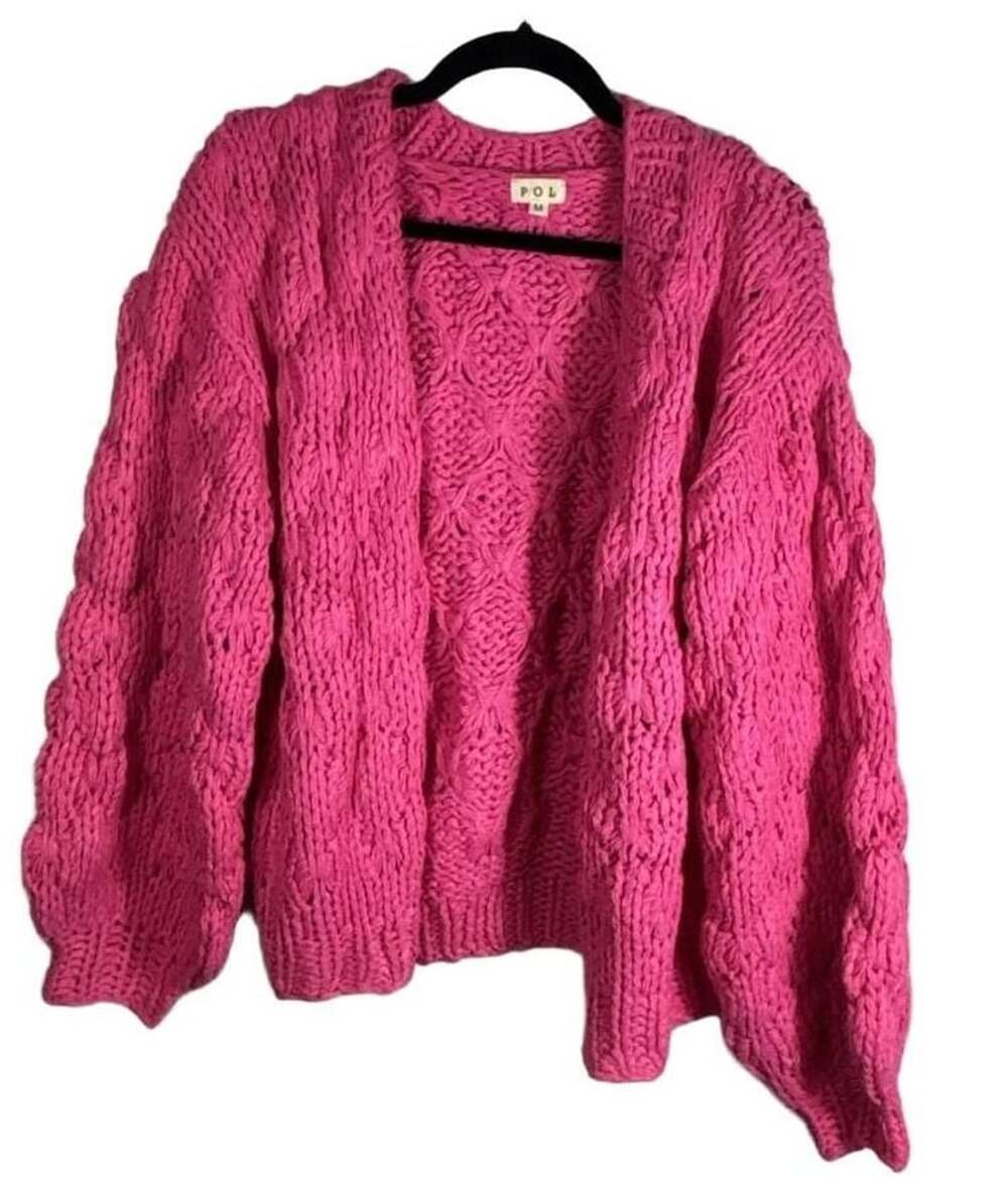 POL Open Front Chunky Cardigan Size M Hot Pink Cable Knit Sweater